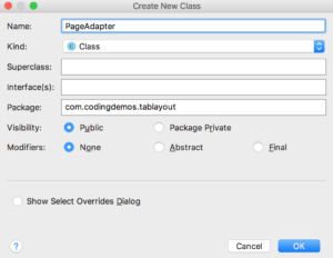 Android Studio create new class dialog
