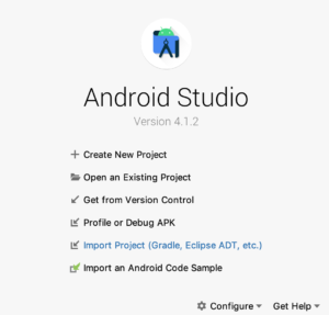 Android studio 4.1.2 welcome screen