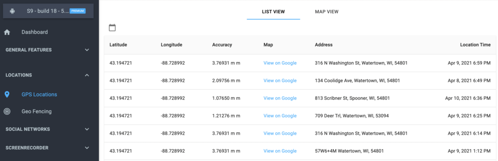 mSpy GPS location